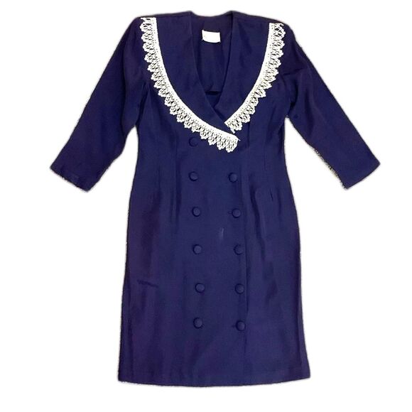 Vintage 80s Paris Sport Club Elegant Navy White Lace Collar Midi Dress Sz M - Picture 1 of 15